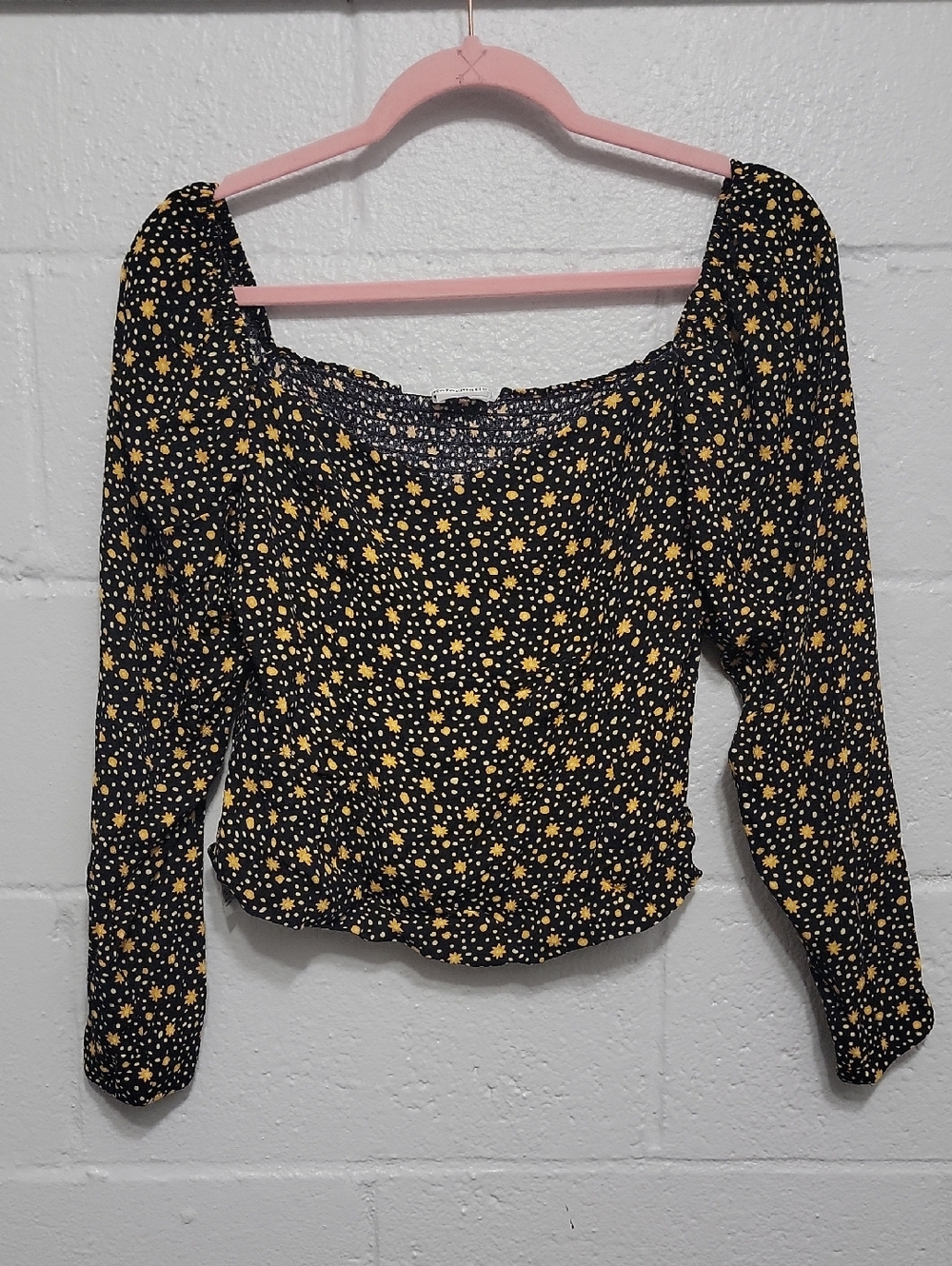 Reformation Black Smocked Peasant Top with Yellow Daisy Print